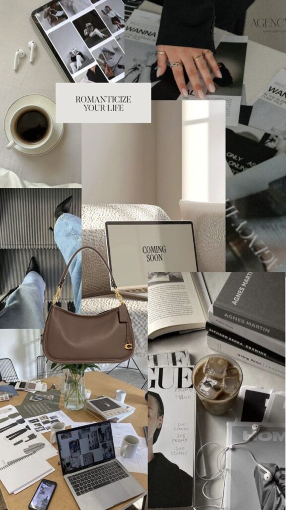 Lifestyle collage with coffee, books, fashion, and decor elements; text overlay: Romanticize Your Life.