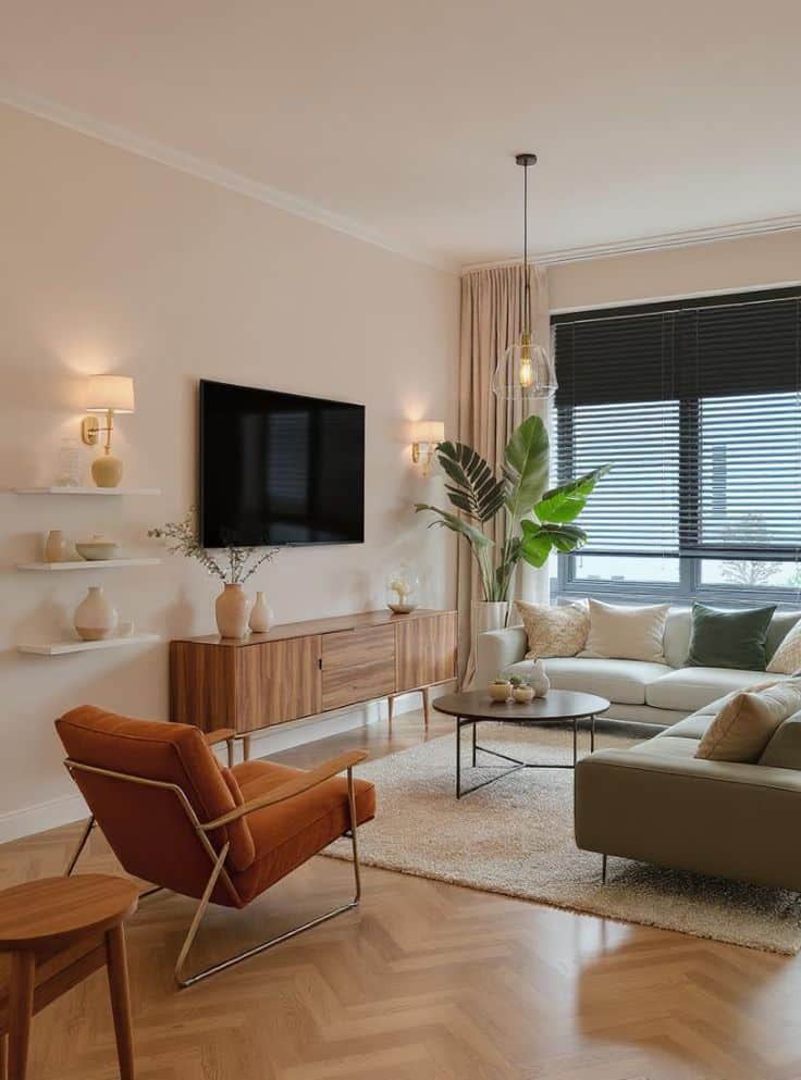 Soft Ambiance_ A Living Room with Modern Appeal Modern living room with cozy furniture, stylish decor, indoor plants, and a large window for natural light. | Sky Rye Design Modern living room with cozy furniture, stylish decor, indoor plants, and a large window for natural light.