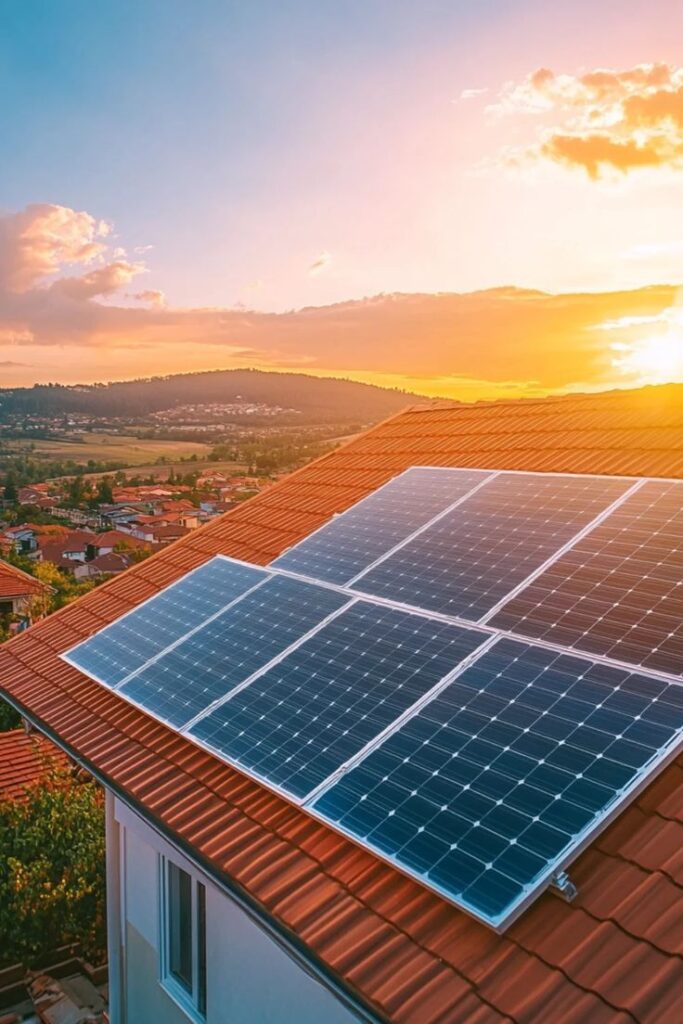 Solar Power_ Save Energy And Live Sustainably Solar panels on a rooftop absorbing sunlight at sunset, with a scenic landscape in the background. | Sky Rye Design Solar panels on a rooftop absorbing sunlight at sunset, with a scenic landscape in the background.