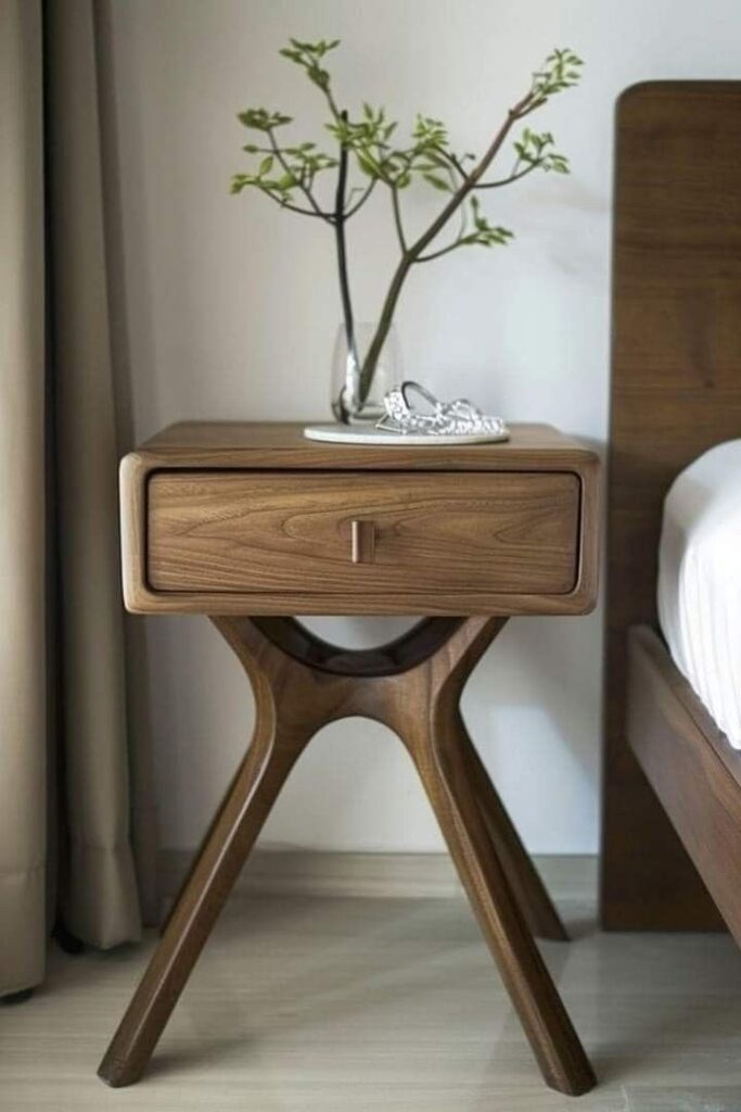 Modern wooden bedside table with unique legs, topped with a vase and decorative item, set against a neutral wall.