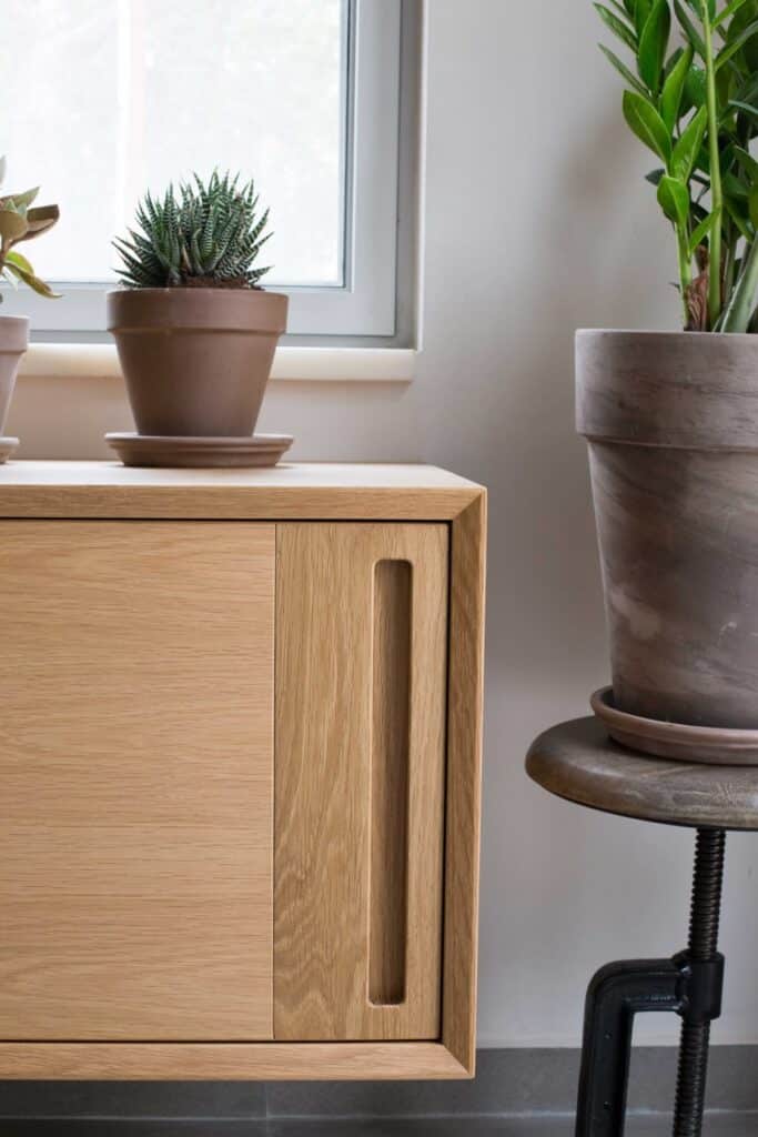 Wooden cabinet with potted plants by a window, creating a modern home decor look.