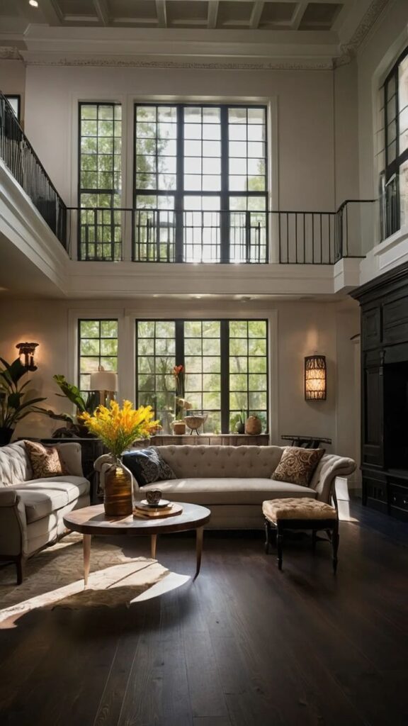 Luxurious living room with large windows, elegant sofas, and dark hardwood floors in a spacious, high-ceiling interior.