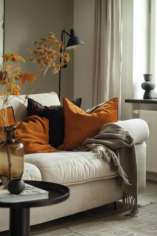 Cozy living room with orange and black pillows on a white sofa, accented by a gray throw blanket and modern decor.