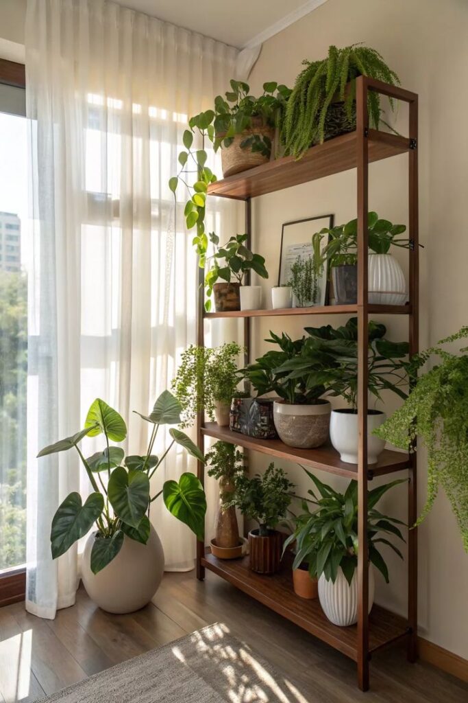 Indoor plants on a wooden shelf in bright sunlit room with white curtains.