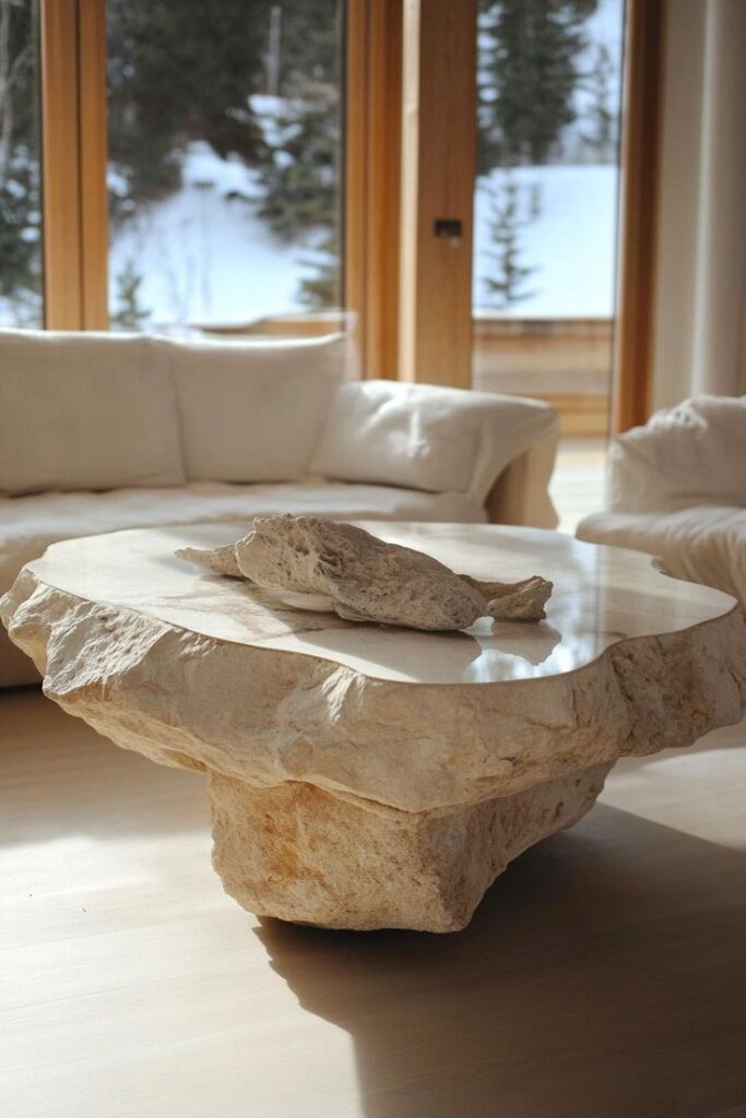Rustic stone coffee table in cozy living room with large windows and snowy forest view.
