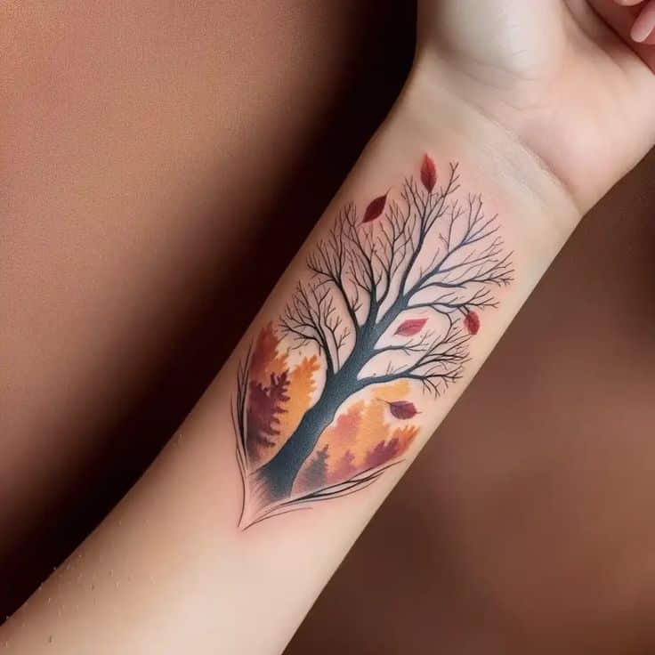 Autumn tree tattoo on forearm with falling leaves, showcasing vibrant orange and red hues against a skin backdrop.