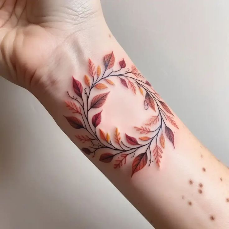 Wrist tattoo of a delicate autumnal leaf wreath in warm shades of orange, red, and brown on pale skin.