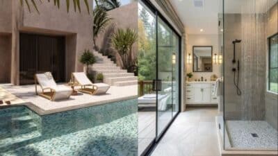 Outdoor pool with lounge chairs and indoor modern bathroom with shower and glass doors.