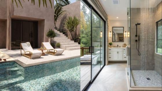 Stunning Shower Floor Glass Mosaics Pool Waterline Tiles Outdoor pool with lounge chairs and indoor modern bathroom with shower and glass doors. | Sky Rye Design Outdoor pool with lounge chairs and indoor modern bathroom with shower and glass doors.