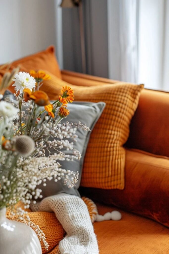 Cozy orange sofa with decorative pillows and a vase of fresh flowers in a warm, inviting living room setting.