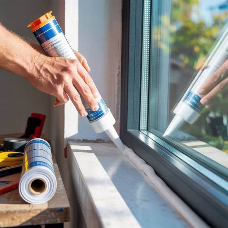 Person applying sealant to a window frame, showing home improvement and weatherproofing process.