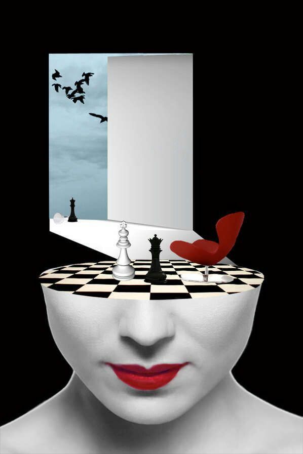 Surreal artwork of face with chessboard, chess pieces, birds in sky, red chair, and open window symbolizing imagination.