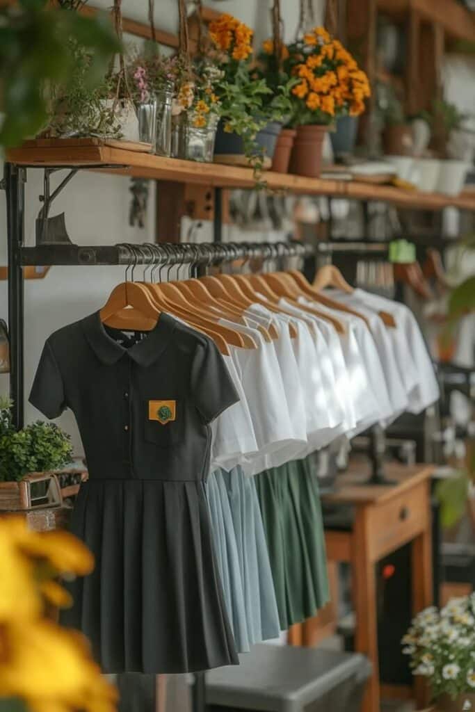 Elegant school uniforms on wooden hangers, set in a shop with plants and flowers for decor.