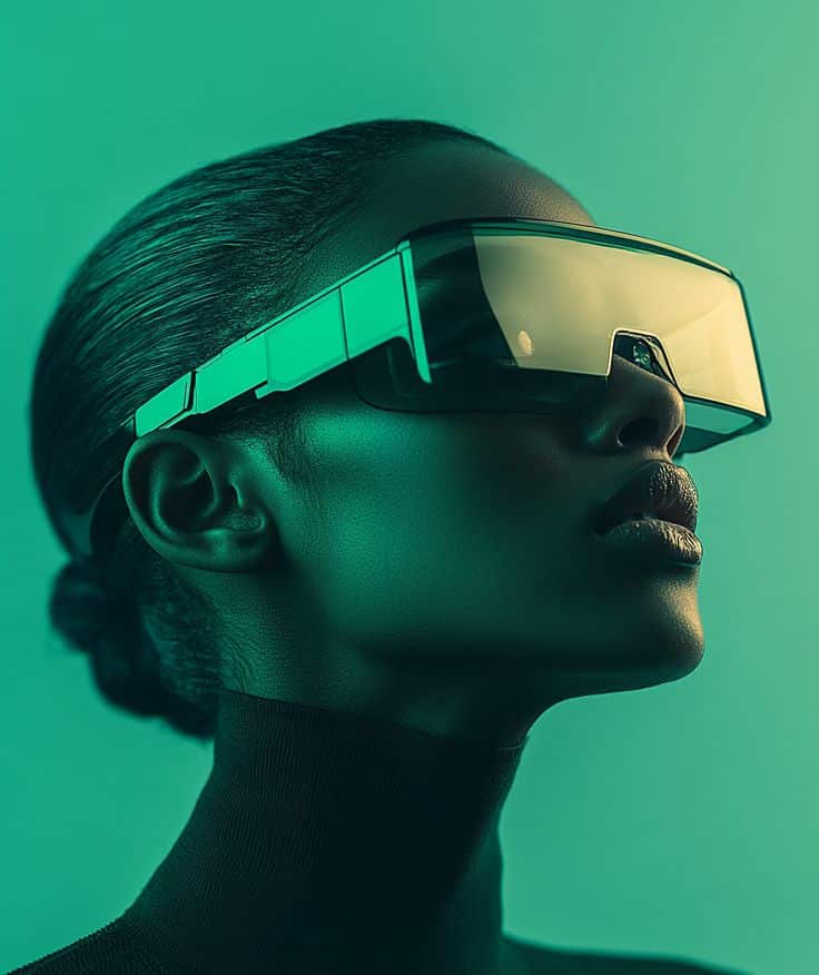 Futuristic woman wearing oversized sunglasses, glossy finish, teal lighting, sleek style, modern fashion photography.