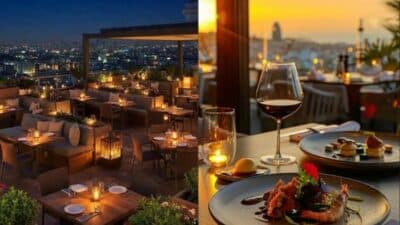 Rooftop restaurant with city view, candlelit tables, gourmet dishes, and wine at sunset, creating a romantic ambiance.