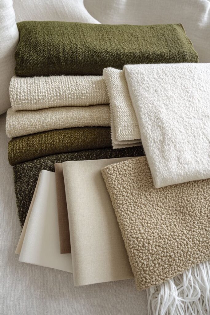 Textile Mood Board for Cozy Living _ Мудборд тканей для уютного интерьера Stack of textured, neutral-toned fabrics including olive, cream, and beige for home decor or upholstery. | Sky Rye Design Stack of textured, neutral-toned fabrics including olive, cream, and beige for home decor or upholstery.