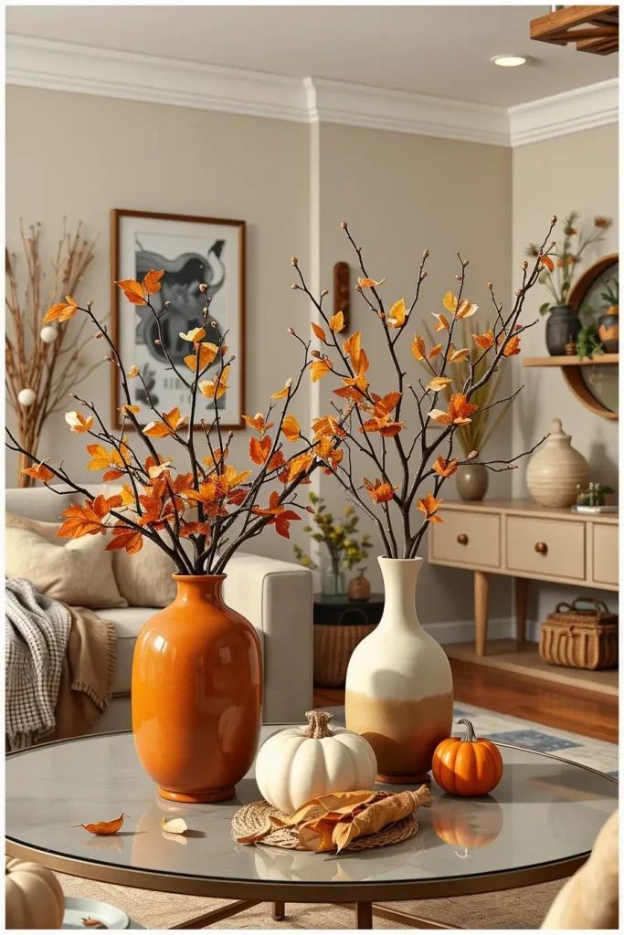 Autumn-themed living room with orange and white vases, pumpkins, and fall foliage on a glass coffee table.