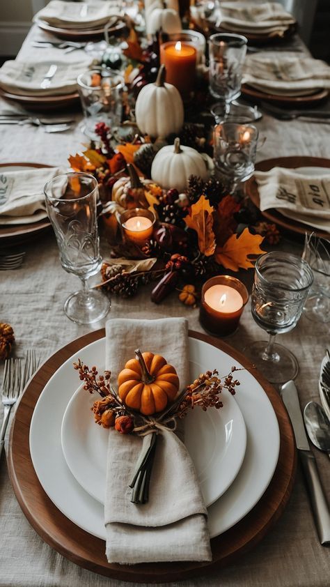 Elegant fall-themed tablescape with pumpkins, candles, and autumn foliage. Perfect for a Thanksgiving dinner setting.
