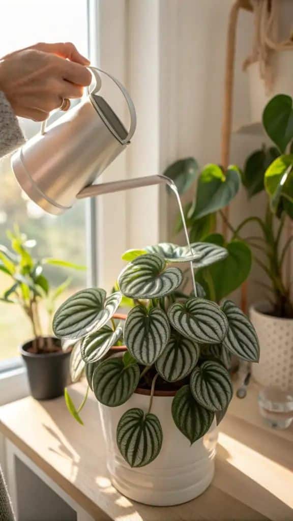 Watering a lush Peperomia plant with a silver watering can, sunlight streaming through a window.