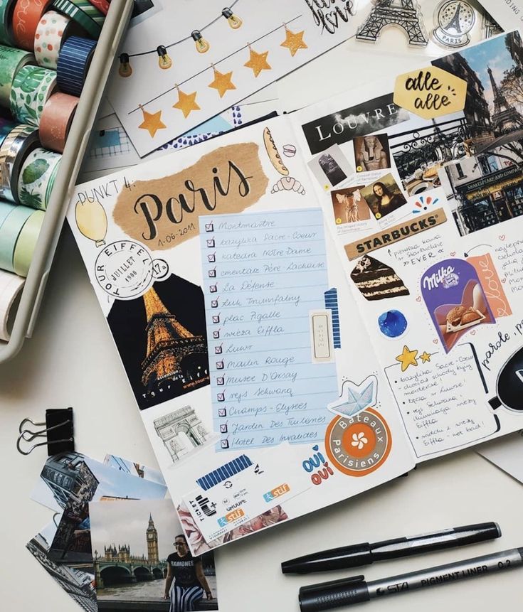 Creative Paris scrapbook page featuring Eiffel Tower, Paris itinerary, washi tape, and travel stickers.