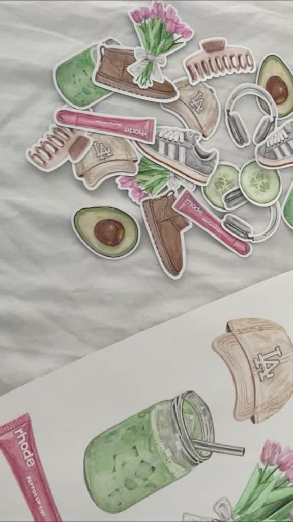 The Clean Girl Sticker Pack Collection of illustrated stickers: sneakers, flowers, avocados, headphones, cosmetics, and a green drink. | Sky Rye Design Collection of illustrated stickers: sneakers, flowers, avocados, headphones, cosmetics, and a green drink.