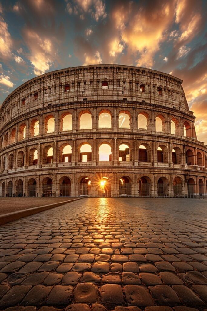 Sunset view of the Colosseum in Rome with dramatic clouds and cobblestone foreground.