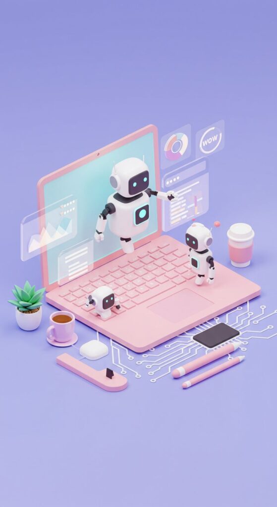 3D robots interacting with a pink laptop, coffee, and tech icons on a pastel purple background.