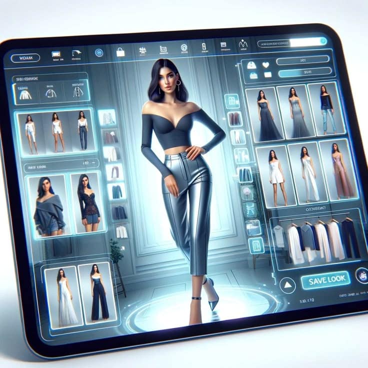 Virtual fashion design app on tablet showcasing customization options and stylish outfit selection.