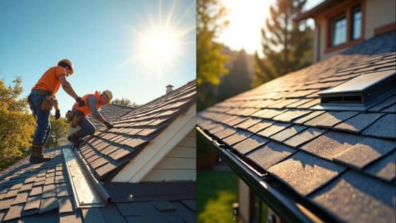 The Importance of Roof Maintenance for Homes Roofers installing shingles on a sunlit roof, showcasing modern roofing techniques and materials. | Sky Rye Design Roofers installing shingles on a sunlit roof, showcasing modern roofing techniques and materials.