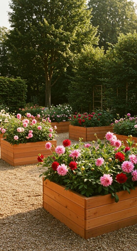 Wooden planters with blooming pink and red dahlias in a sunlit garden setting.
