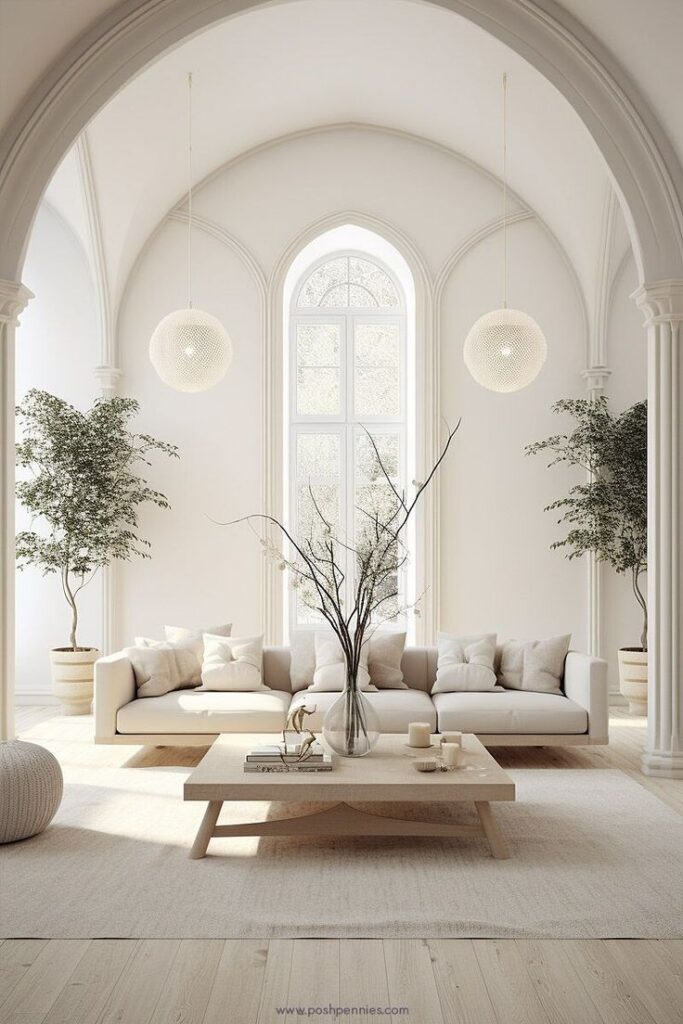 Minimalist living room with white sofa, arched windows, plants, and a wooden coffee table.