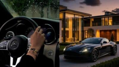 Driving luxury cars at night: Steering wheel view and sleek black car parked by modern house.