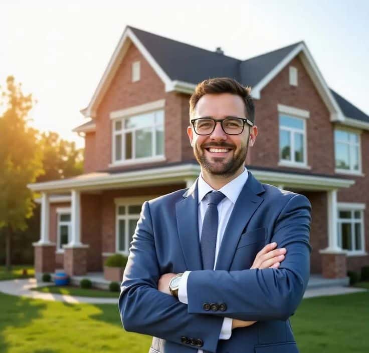 Smiling real estate agent in a suit stands confidently in front of a modern brick house.