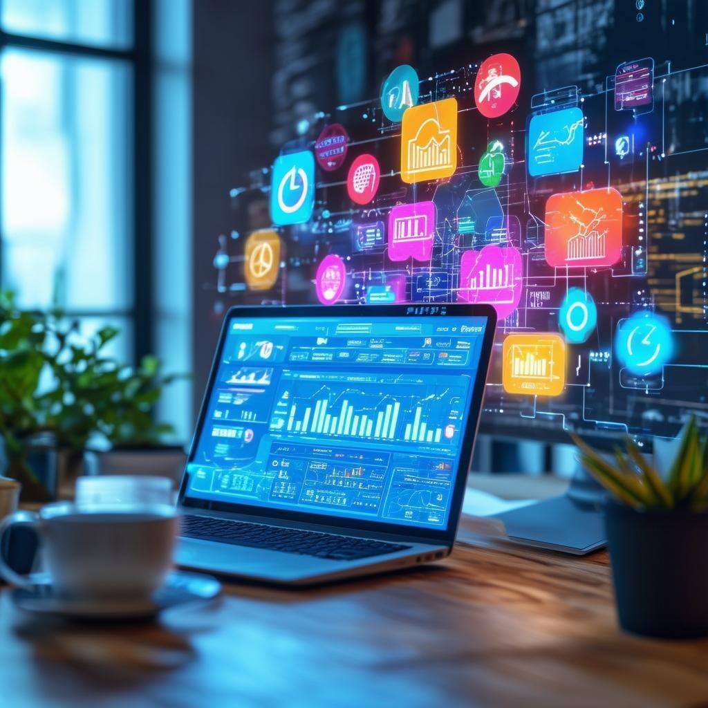 Laptop displaying analytics dashboard with colorful data icons in a modern office setting.