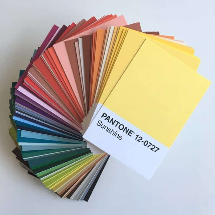 Pantone color swatches fanned out featuring Sunshine yellow, showcasing a vibrant palette of assorted hues.