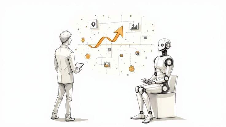 Man and robot analyzing data, featuring growth chart, technology icons, and network connections, symbolizing AI collaboration.