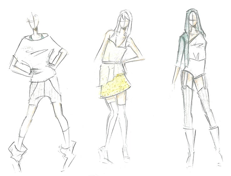 Fashion sketches of three models in different outfits, showcasing diverse styles and poses.