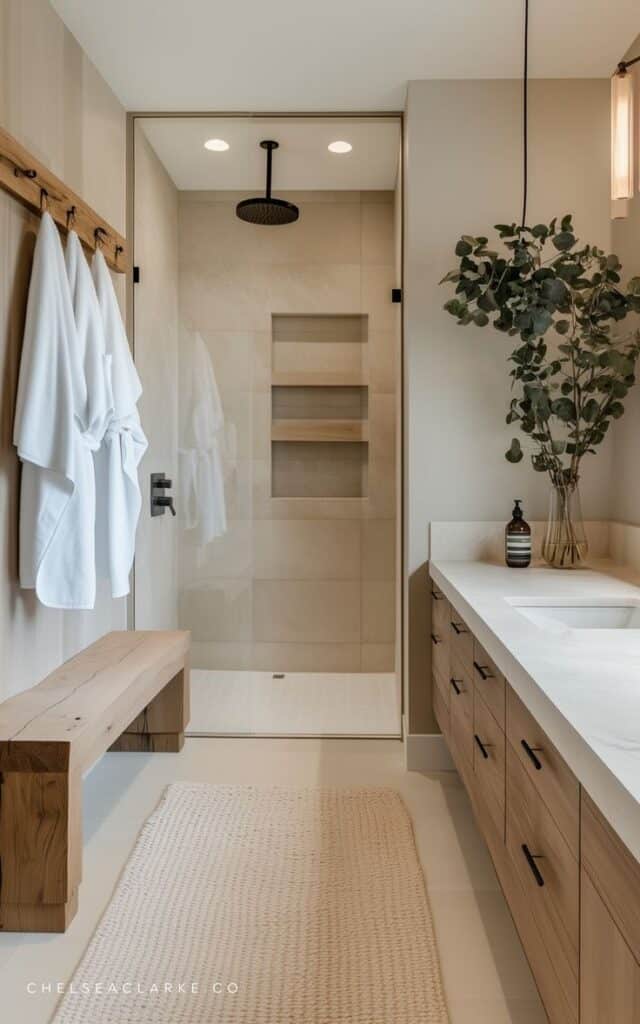 Modern bathroom with wooden elements, walk-in shower, white robes, and potted plant for a spa-like ambiance.