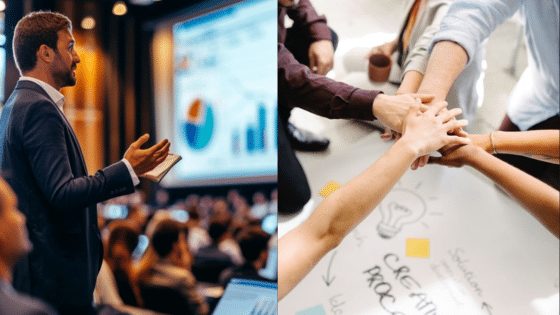 Tips for Transformational Leadership Speaker presenting data and team collaborating on creative project, emphasizing teamwork and communication skills. | Sky Rye Design Speaker presenting data and team collaborating on creative project, emphasizing teamwork and communication skills.