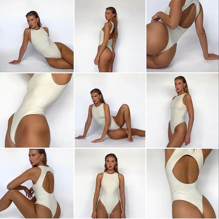 Collage of woman modeling a white high-cut swimsuit in various poses against a plain background.