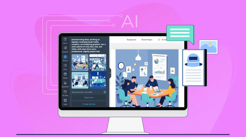 Computer screen displaying an AI-powered design tool with a team collaborating around a table, on a pink background.
