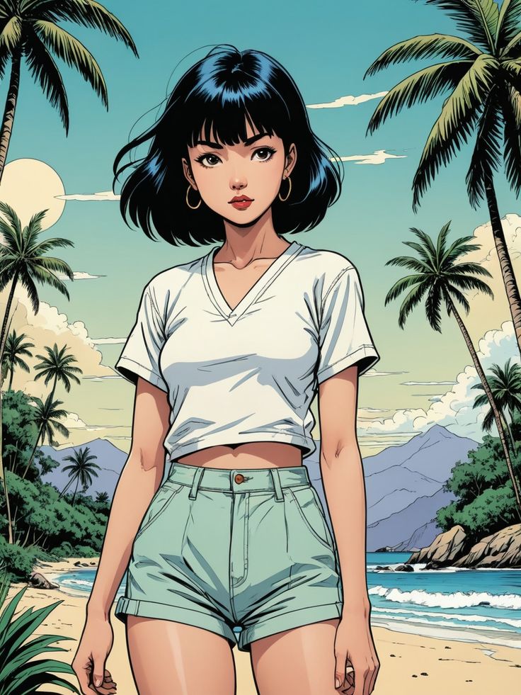 Top 200 Free Procreate and Photoshop Brushes for Digital Artists_ A project by erykalovel _ Domestika Anime girl in a white crop top and shorts on a tropical beach, surrounded by palm trees under a clear sky. | Sky Rye Design Anime girl in a white crop top and shorts on a tropical beach, surrounded by palm trees under a clear sky.