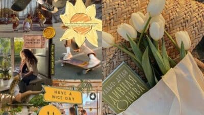 Collage of skaters and positivity quotes with white tulips on woven mat. Optimistic and lively vibes.