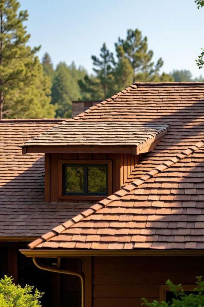 Rustic wooden shingle roof and dormer, surrounded by lush green trees under clear blue sky.