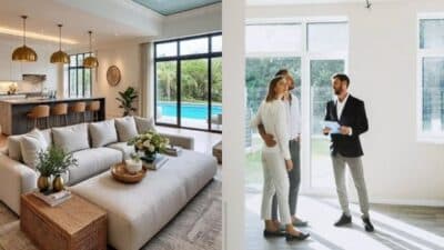 Modern open-concept living room with a view of a pool; real estate agent showing a couple the property.