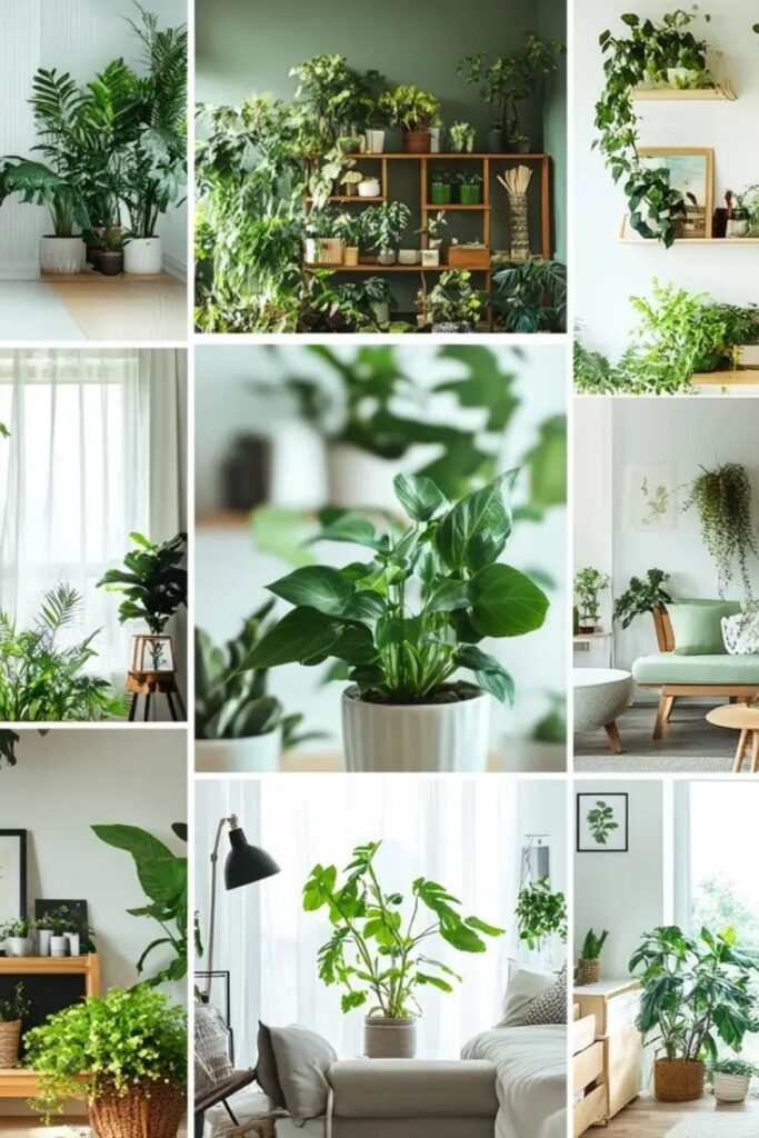 Collage of indoor houseplants in modern living spaces with natural light and stylish arrangements.