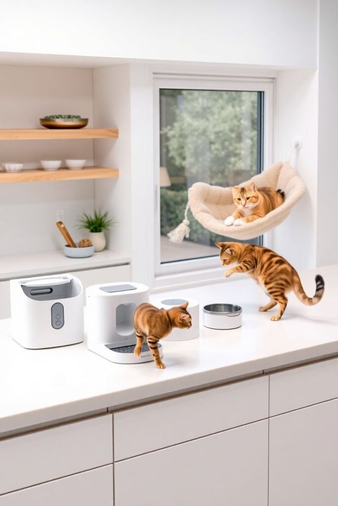 Cats exploring modern kitchen with smart pet feeders and cat hammock by the window.
