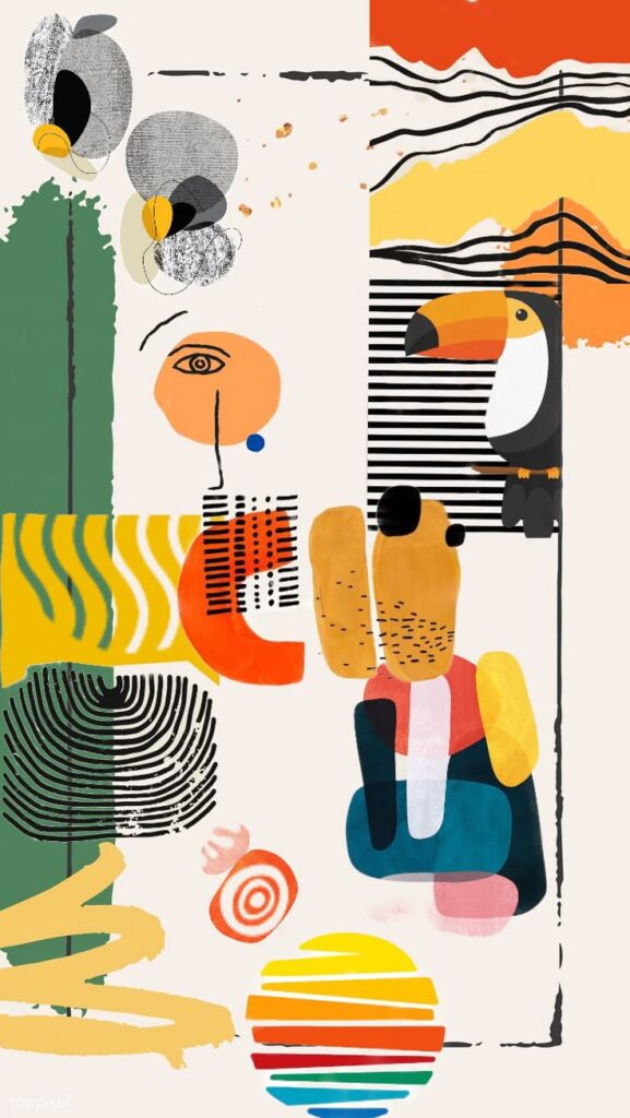 Abstract collage with geometric shapes, tropical toucan, and artistic patterns in vibrant colors.