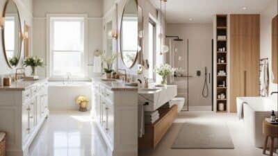 Modern bathroom design with elegant fixtures, large mirrors, and wooden accents.