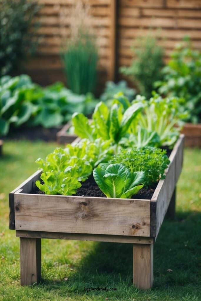 Raised garden bed with lush green lettuce and vegetables in a sunny backyard setting.
